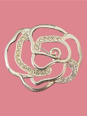 Silver Crystal Rose Floral Brooch - Elegant Silver Flower Pin